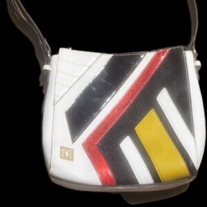 White and Black Geometric Shoulder Bag with Artistic Design
